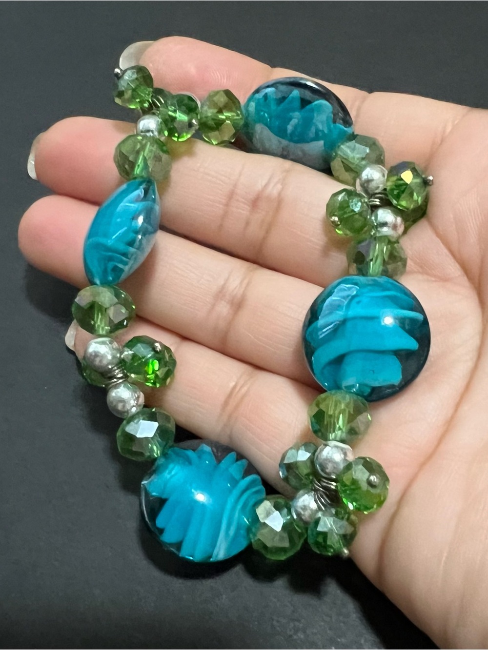 Turquoise & Green Beaded Stretch Bracelet - Women Jewelry